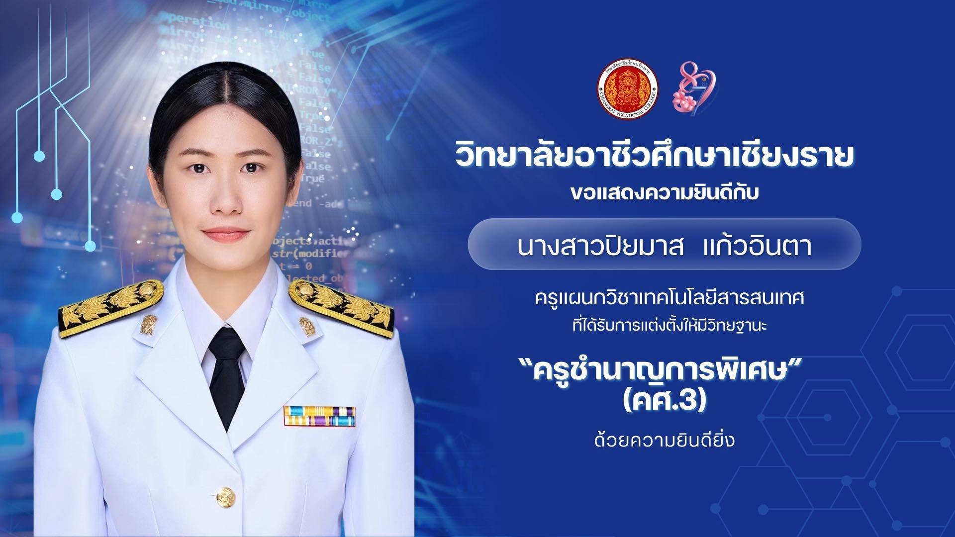 ขอแสดงความยินดีกับ นางสาวปิยมาส แก้วอินตา ครูแผนกวิชาการเทคโนโลยีสารสนเทศ ที่ได้รับการแต่งตั้งให้มีวิทยฐานะ “ครูชำนาญการพิเศษ” (คศ.3)
