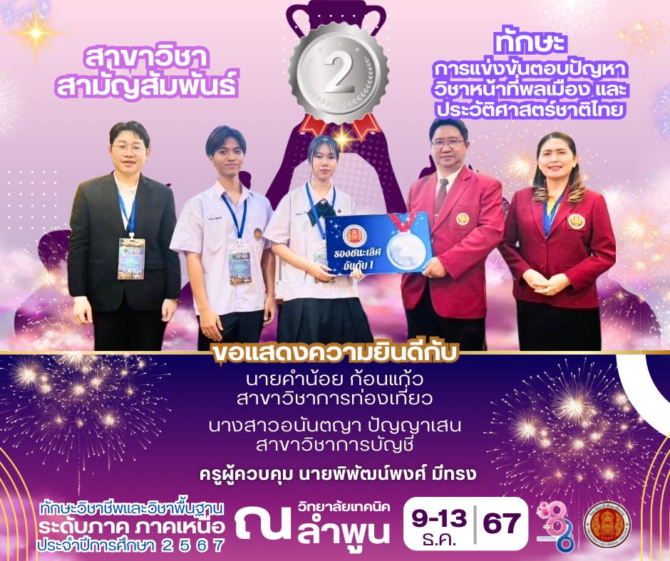 ได้รับรางวัลรองชนะเลิศ อันดับ 1 มาตรฐานเหรียญทอง ในการแข่งขันตอบปัญหาวิชาหน้าที่พลเมือง และประวัติศาสตร์ชาติไทย ระดับภาค ภาคเหนือ และได้รับคัดเลือกเป็นตัวแทนระดับภาคเหนือ สาขาวิชาการบัญชี