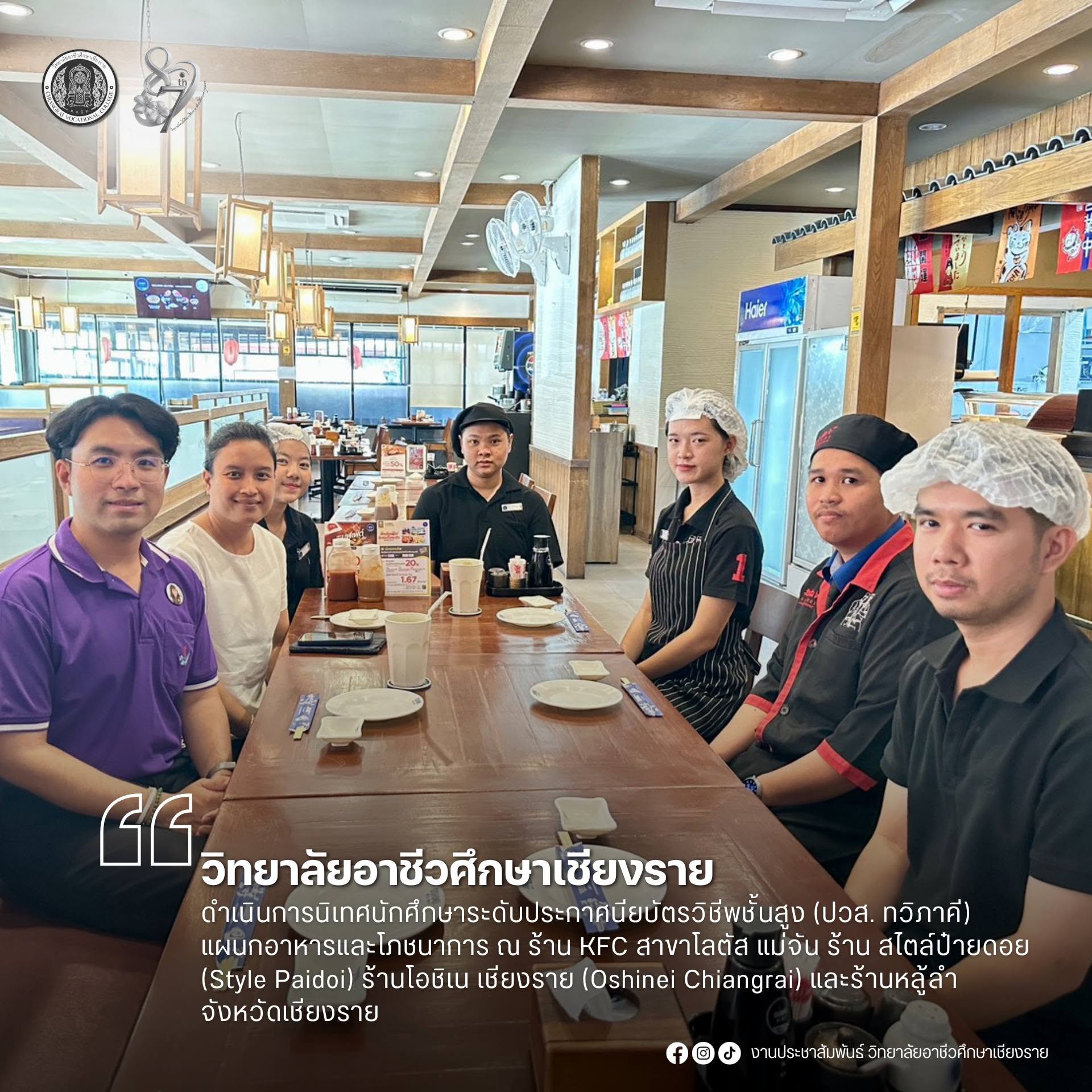 ดำเนินการนิเทศนักศึกษาระดับประกาศนียบัตรวิชีพชั้นสูง (ปวส. ทวิภาคี) แผนกอาหารและโภชนาการ ณ ร้าน KFC สาขาโลตัส แม่จัน ร้าน สไตล์ป๋ายดอย (Style Paidoi) ร้านโอชิเน เชียงราย (Oshinei Chiangrai) และร้านหลู้ลำ จังหวัดเชียงราย