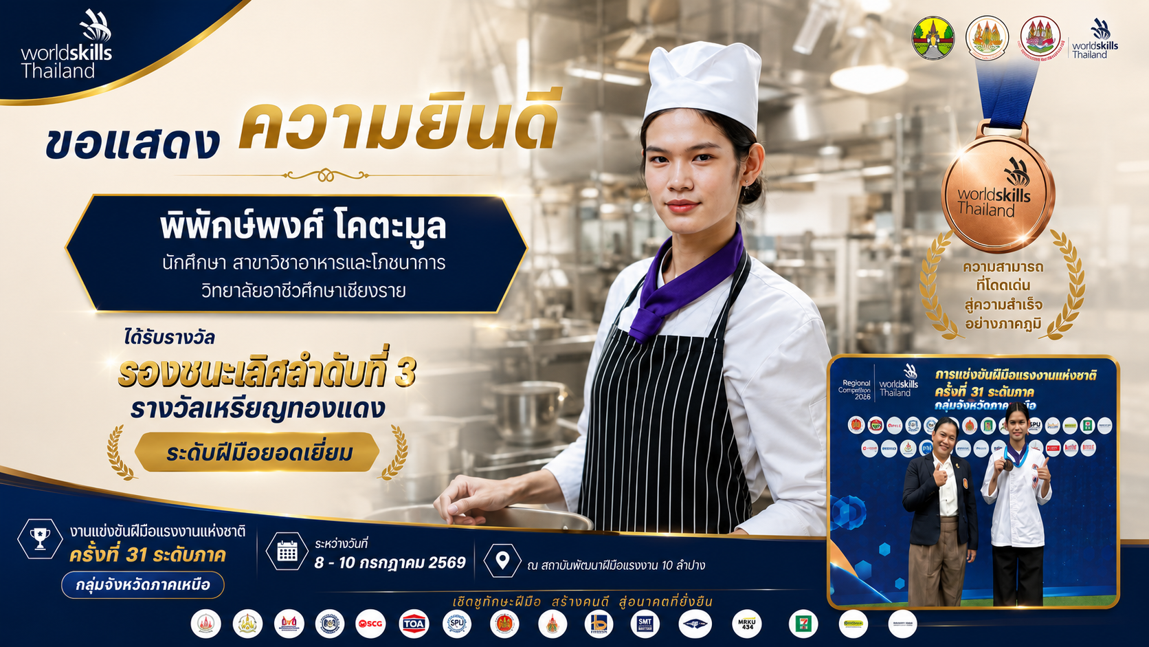 คว้ารางวัลรองชนะเลิศลำดับที่ 3 รางวัลเหรียญทองแดง ระดับฝีมือยอดเยี่ยม ในการแข่งขันฝีมือแรงงานแห่งชาติ ครั้งที่ 31 ระดับภาค (worldskills Thailand)