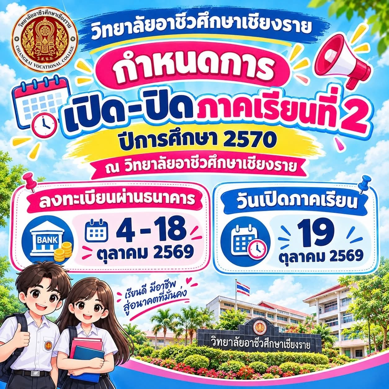 ประกาศวิทยาลัยอาชีวศึกษาเชียงราย เรื่อง กำหนดการเปิด-ปิด ภาคเรียนที่ 2 ปีการศึกษา 2569